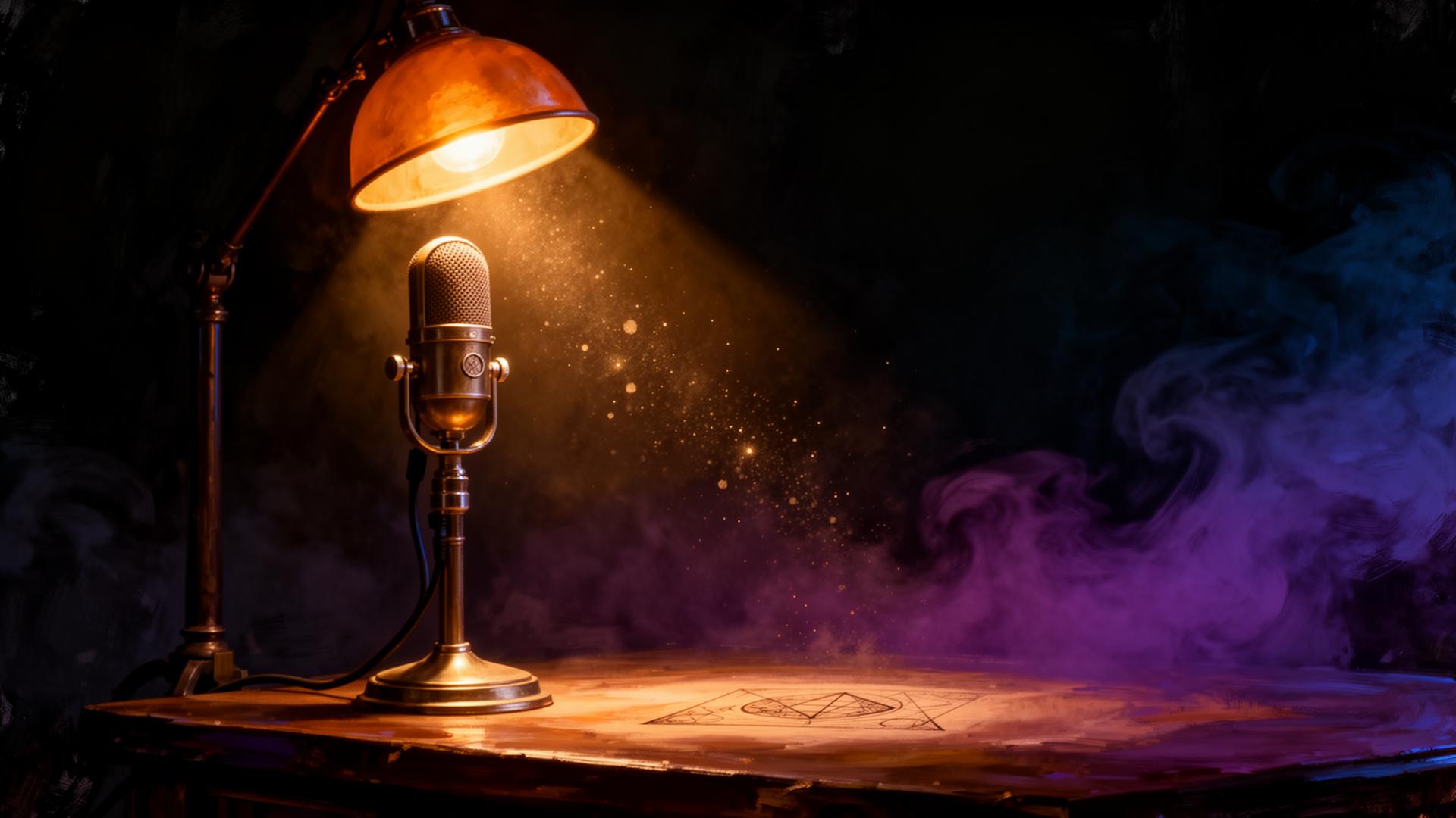 A vintage microphone illuminated by lamplight in a dim studio